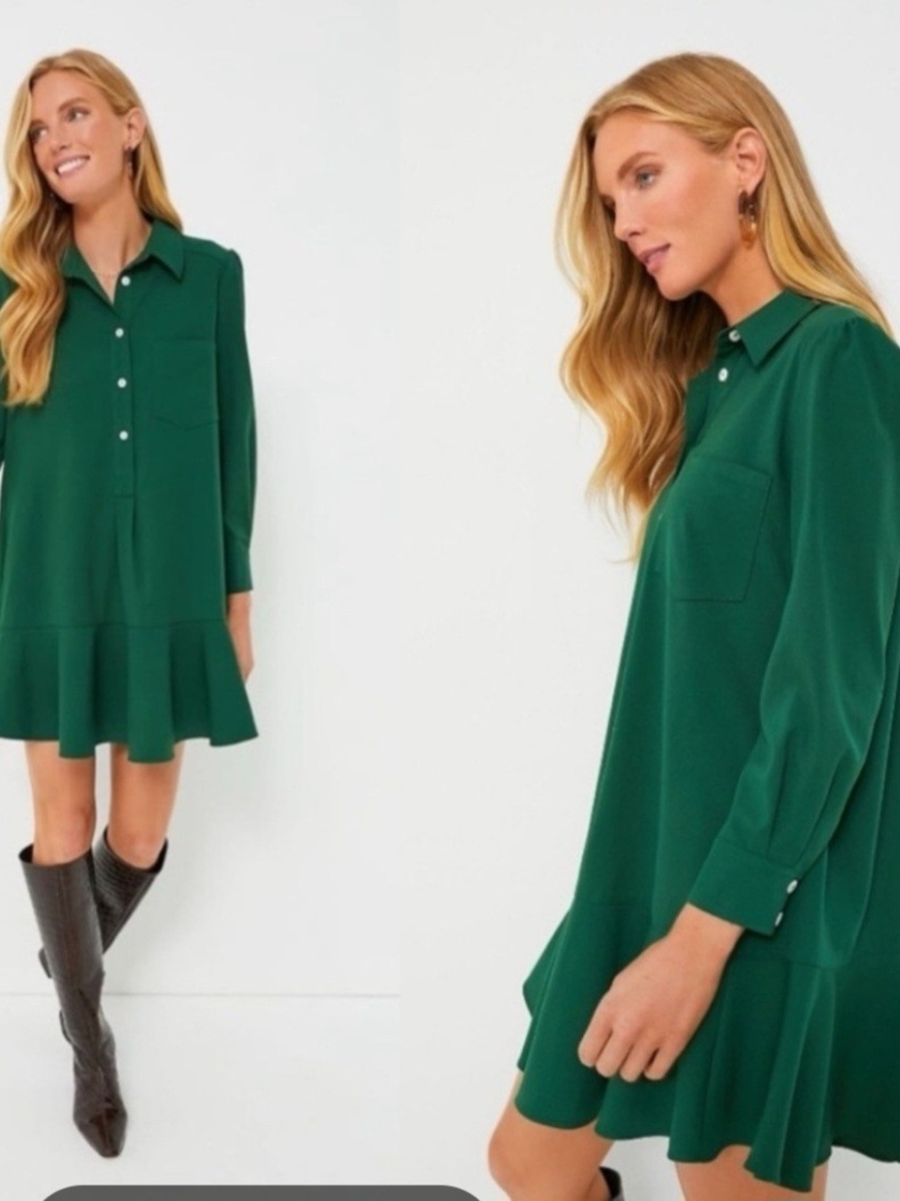 Tuckernuck Emerald Green Ruffle-Hem Shirtdress